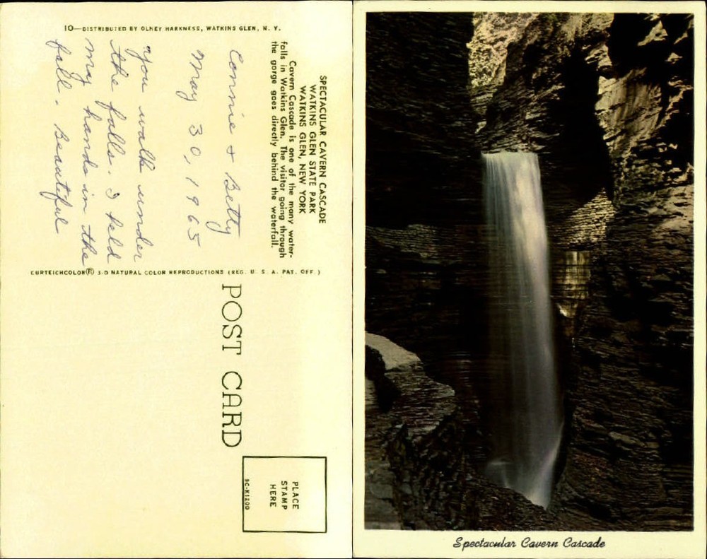 Cavern Cascade Watkins Glen State Park NY waterfall chrome 1960s