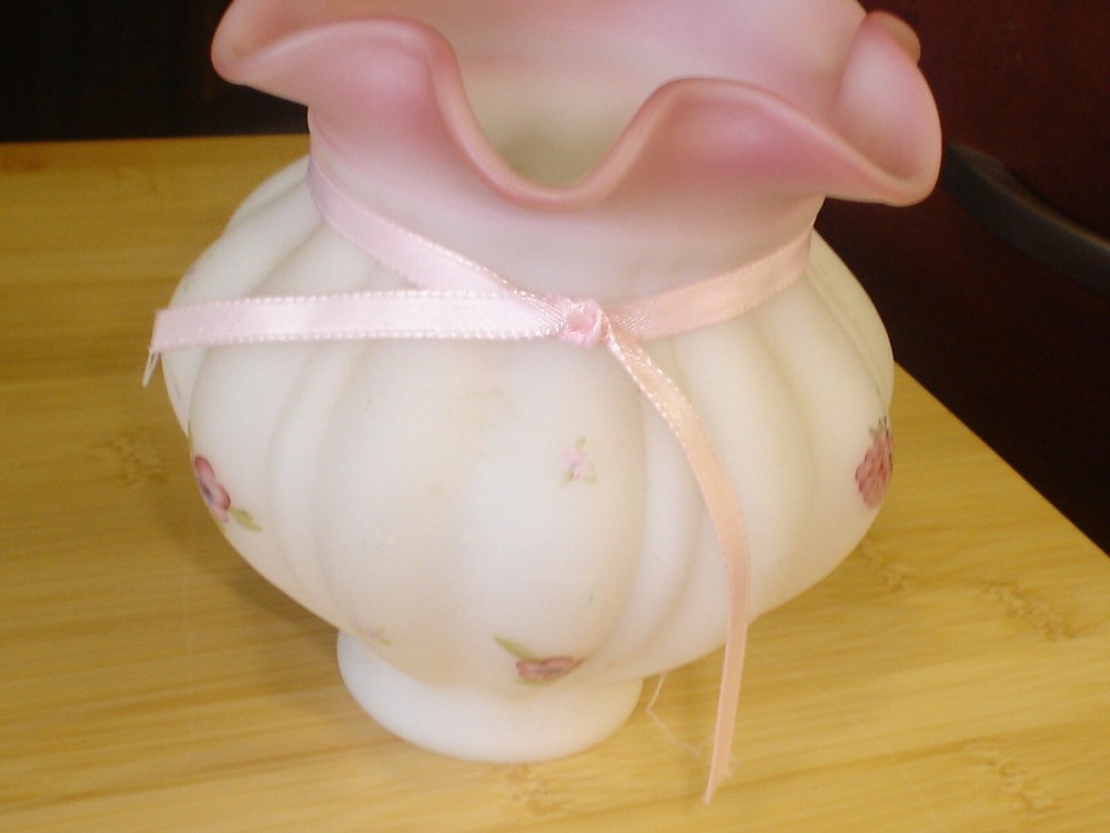 Fenton Art Glass 1984 Milk Satin Hand-Painted Berries and Blossoms Vase