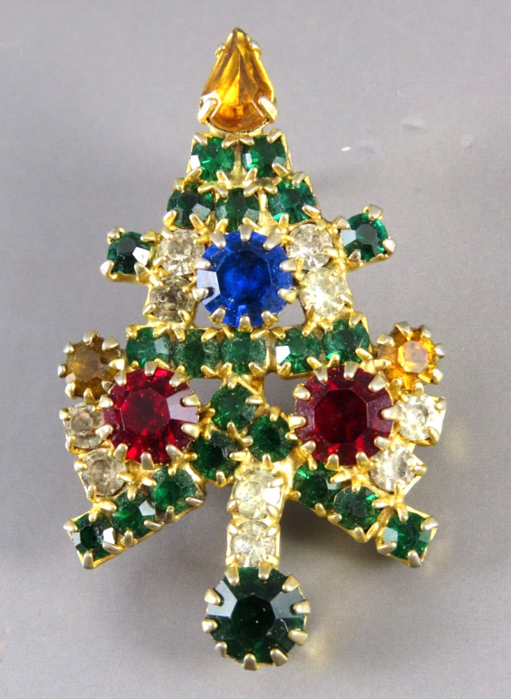 Vintage GOLD TONE Christmas Tree Brooch Pin PRONG SET RHINESTONES Cluster LIGHTS