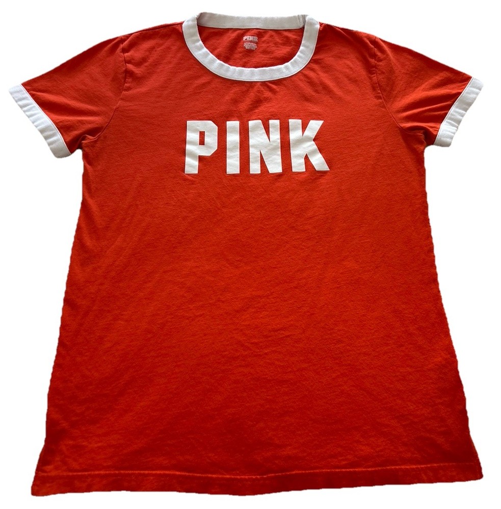 🧡VS PINK Logo Cotton Short Sleeve Campus Ringer Tee-Orange Size S🧡