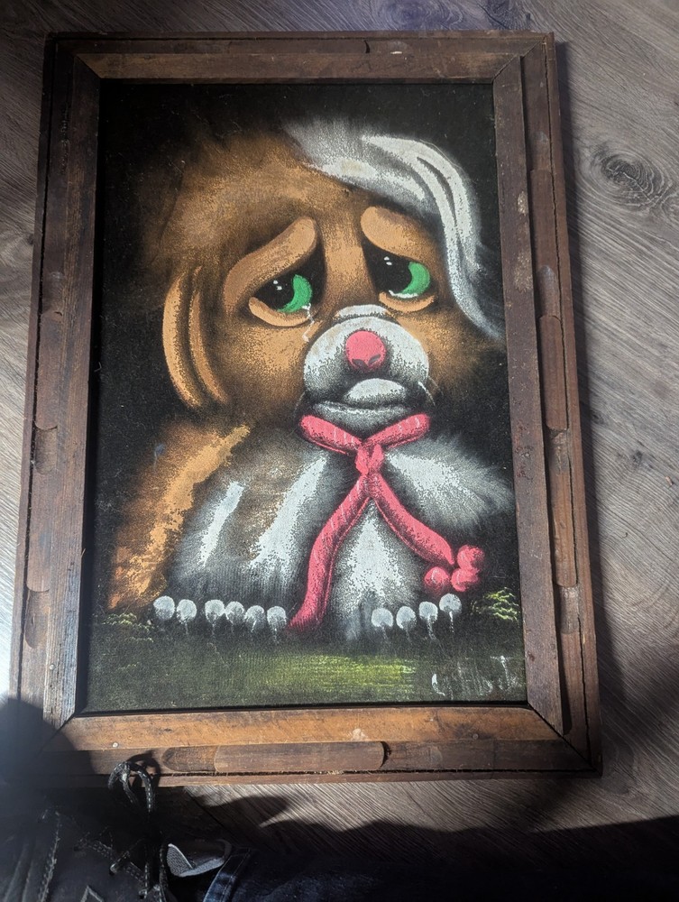 Signed Vintage Black Velvet  Painting, Wooden Frame, Featuring A Sad Puppy