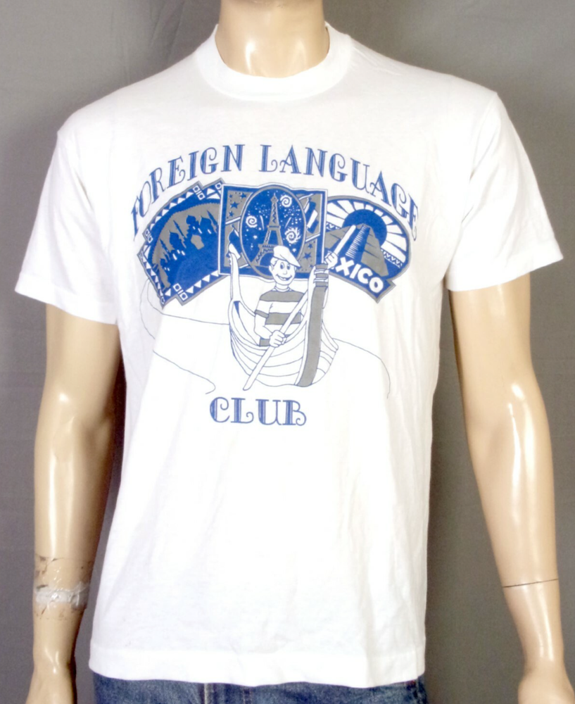vintage 80s 90s single stitch Foreign Language Club T-Shirt soft thin SZ L