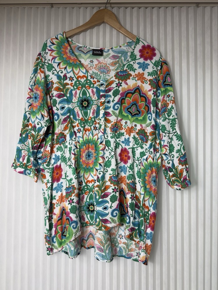 Ulla Popken Blue Green Floral Print Tunic Top 3/4 Sleeve V-Neck Woman L Boho