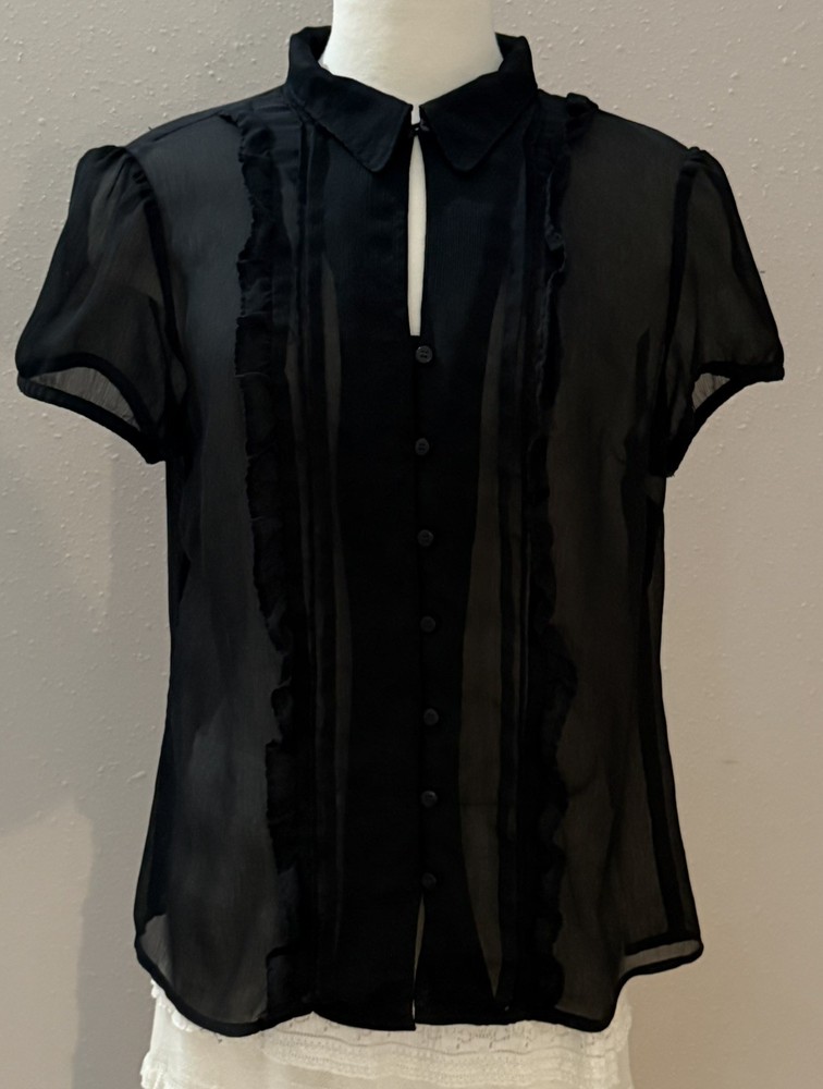 White House Black Market WHBM Sz 12 Black Thin Sheer Ruffle Button Up Blouse