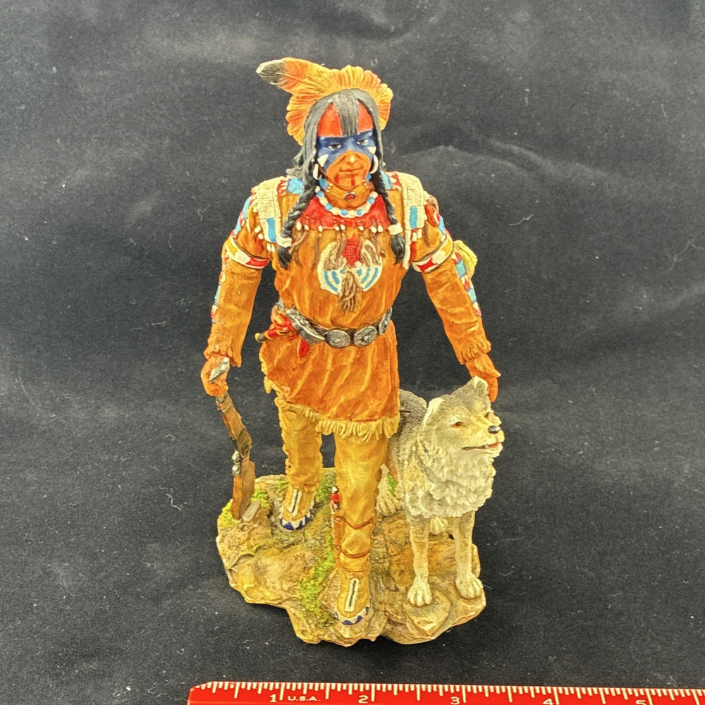 Hand Painted Resin Native American Man with Wolf Figurine, Multicolor Small 4 in
