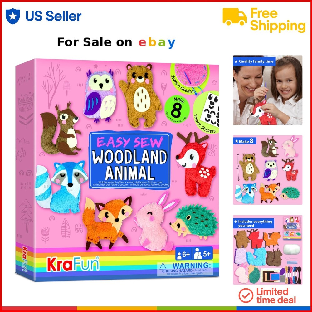 Kids Sewing Kit Fabric 8 DIY Woodland Animal Crafts for Beginners Girls