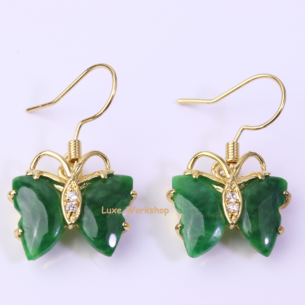 Green Butterfly Quartz Jadeite Yellow Gold Plated Drop Dangle Earrings
