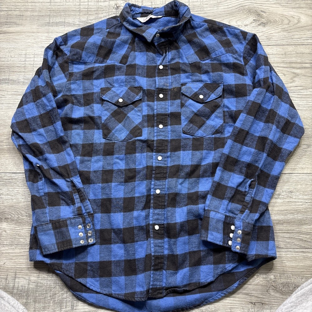 1980s Vintage Dakota Blue Western Pearl Snap Button Up Flannel 3XL
