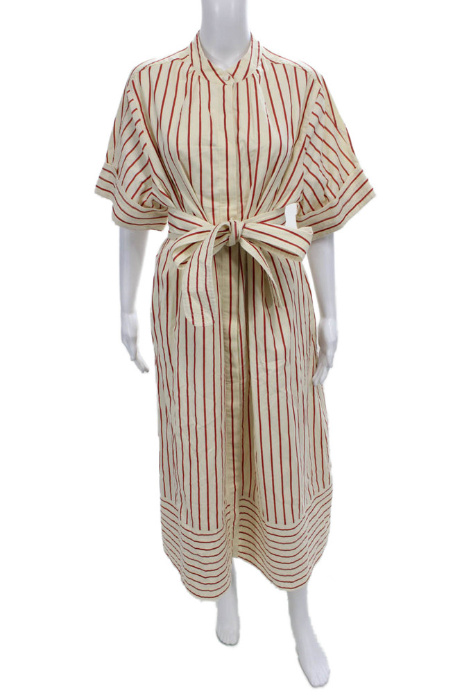 Tuckernuck Women Shirt Dress Maxi Beige High Neck Tie Short Sleeve Size XLFree Shipping in US $100+ Orders | $6.95 Orders Below