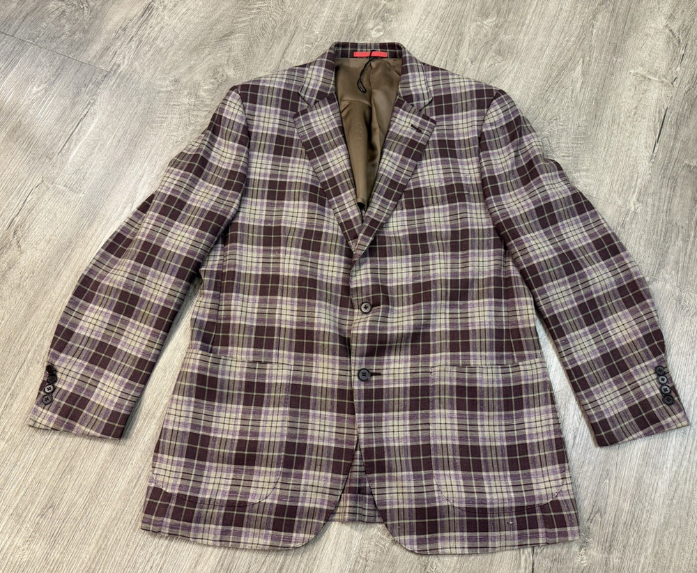 Isaia Napoli EU 54/ US 44 Burgundy Plaid Wool Silk Linen Sport Coat Italy Blazer