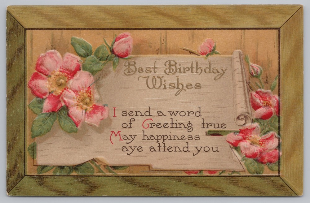 Greetings~Pink Flowers & Best Birthday Wishes Poem~Vintage Postcard