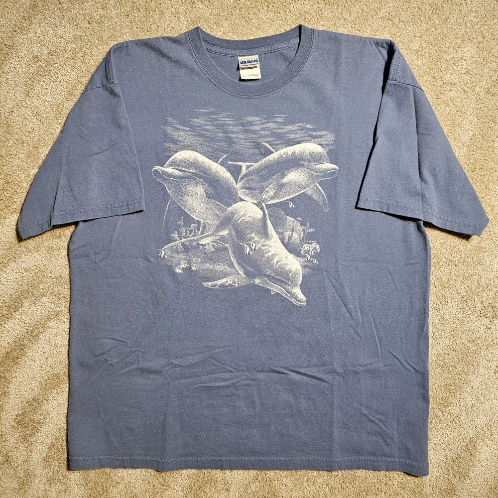 Vtg Y2k Faded Blue Dolphin Art XL T-Shirt Nature Indie Ocean Beach Skate Waves