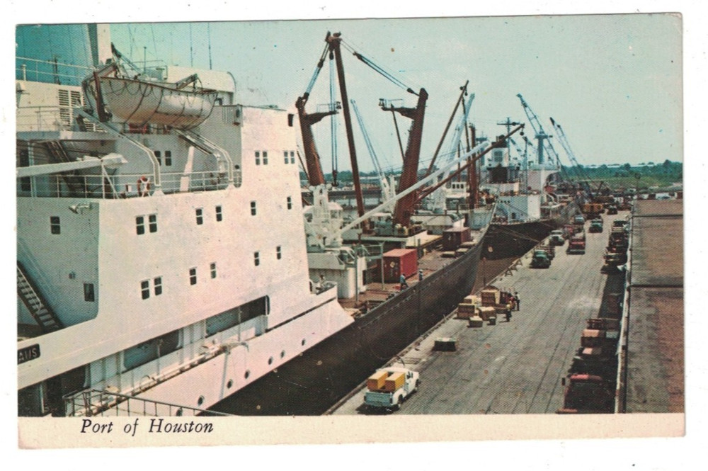 Vintage 1960'S Busy Port Of Houston Texas Cars Trucks Ships Postcard
