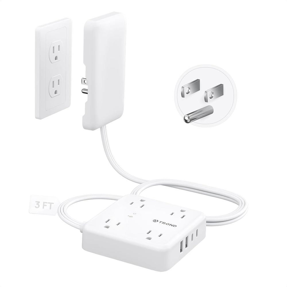 Flat Plug Power Strip with Outlet Cover - 3Ft Extension Cord with Multiple Outle