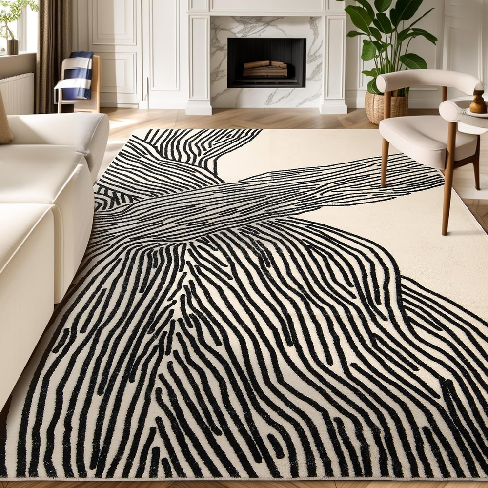5×7Ft Area Rugs, Abstract Washable Rug, Modern Black and White Rug for Bedroom L