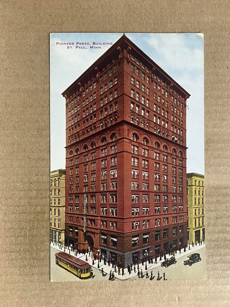 Postcard St Paul MN Minnesota Pioneer Press Building Trolley Street View 1912 PC