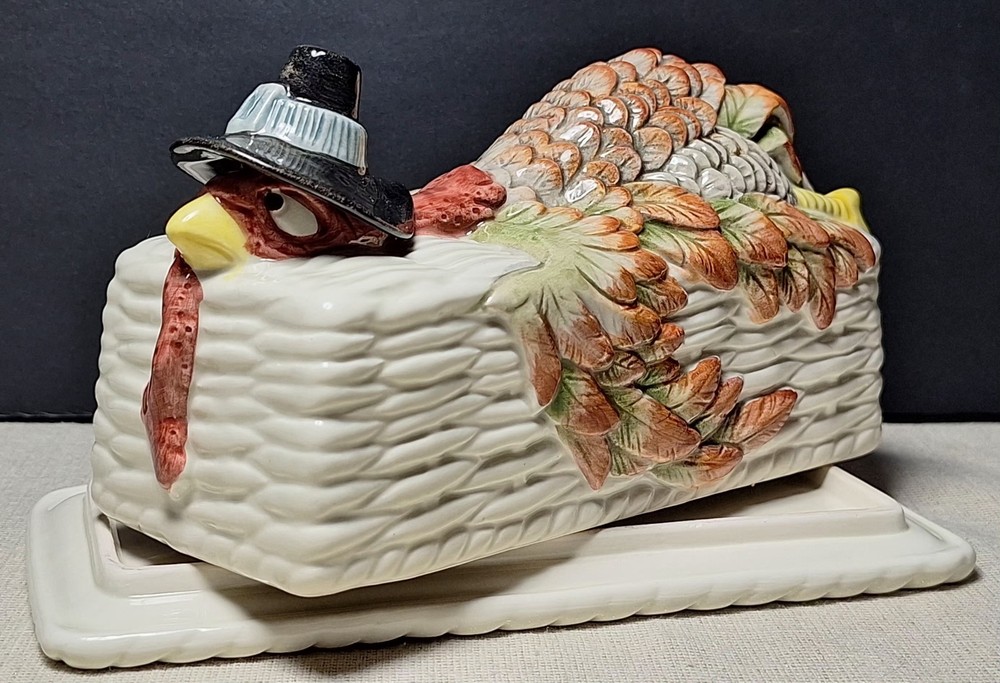 Vintage Fitz And Floyd Pilgrims Progress Ceramic Butter Dish Thanksgiving Turkey