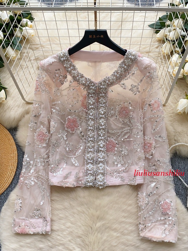 Top Women's Fashion Embroidered Beaded Sequined Flower Jacket Shirt Short Coats