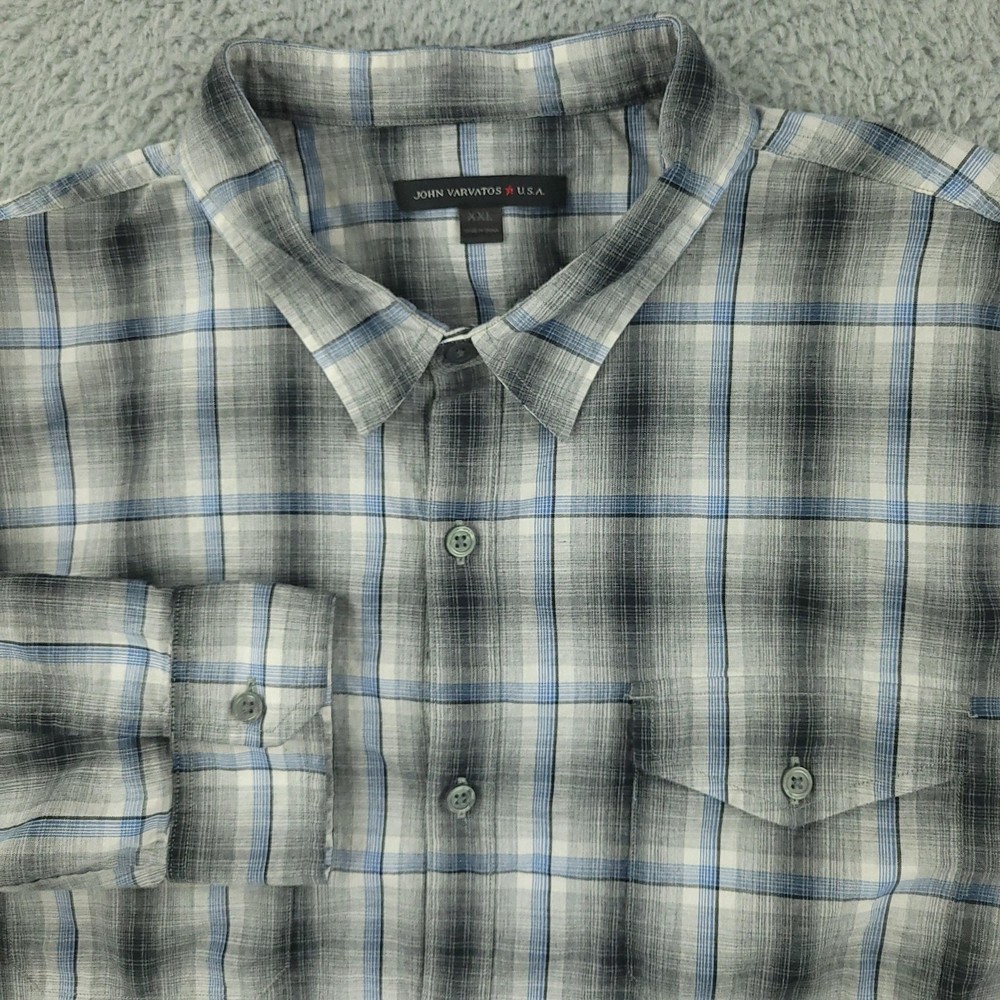 John Varvatos USA Shirt Mens XXL Gray Blue Plaid Button Front Long Sleeve Casual