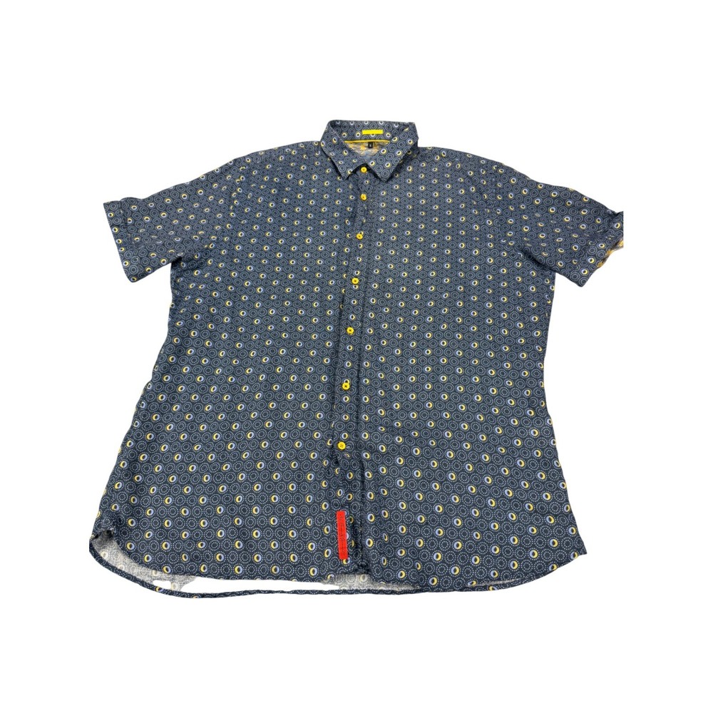 Luchiano Visconti Mens XL Blue Yellow Geometric Print 100% Linen SS Button Shirt