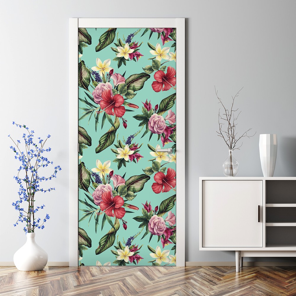 Bubble-free turquoise door sticker with exotic tropical Hawaiian flowers and leaves  