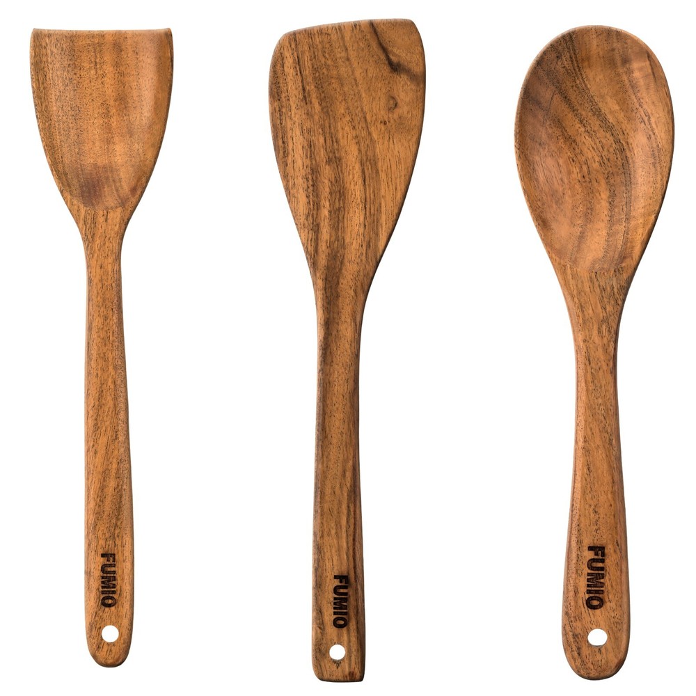 Acacia Wood Cooking Utensil Set (3) Spoons Spatulas Natural Kitchen Tools-image