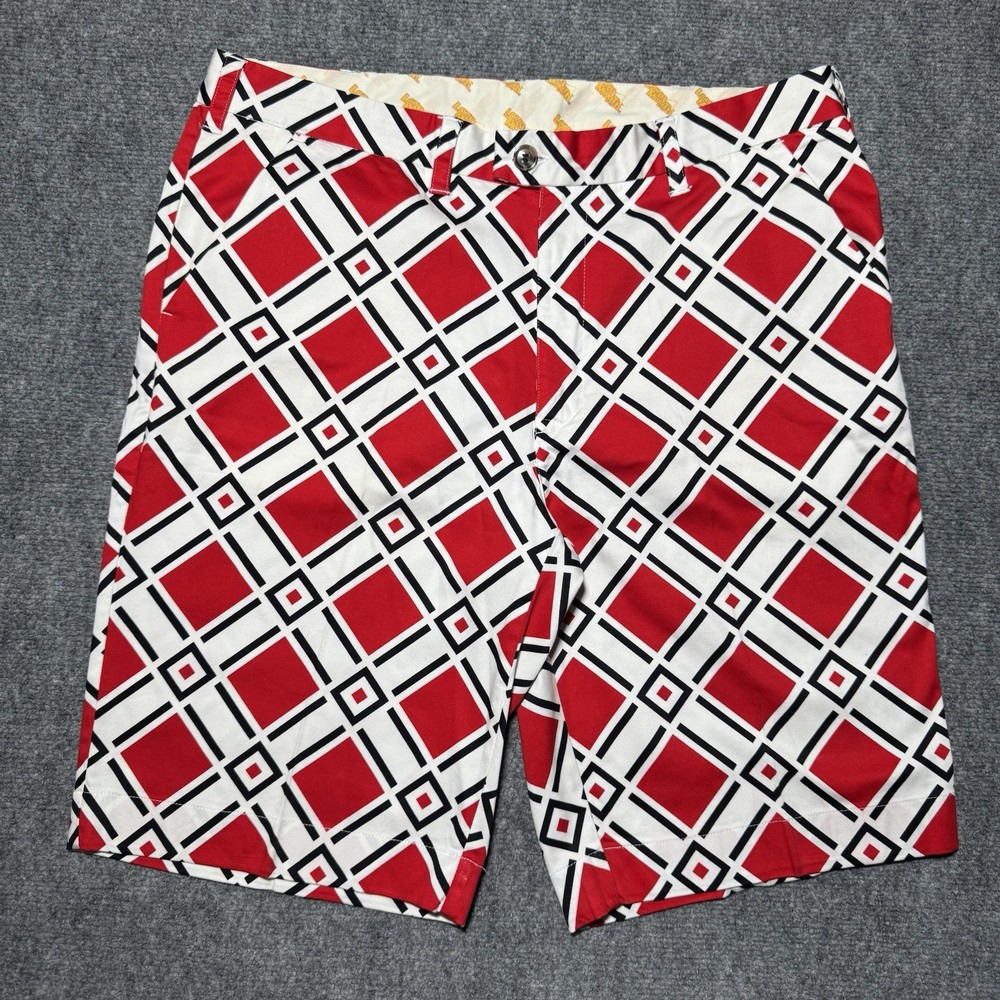 Loudmouth Shorts Men 38 Red Chino Flat Front Golf Performance Argyle Diamond AOP