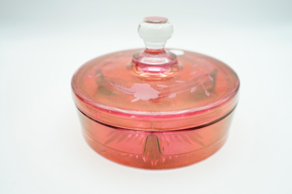 Vintage Cranberry Red Ruby Round Heavy Glass Covered Trinket Dish