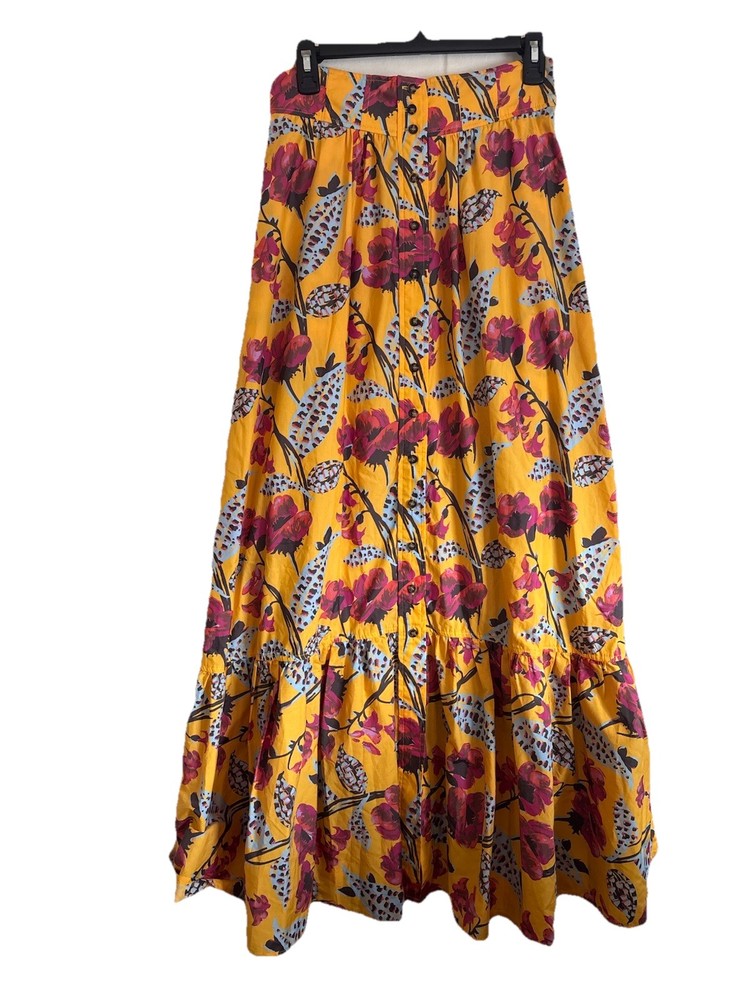 A.L.C. Lillie Yellow Pink Floral Button Front Ruffle Maxi Skirt Size 8