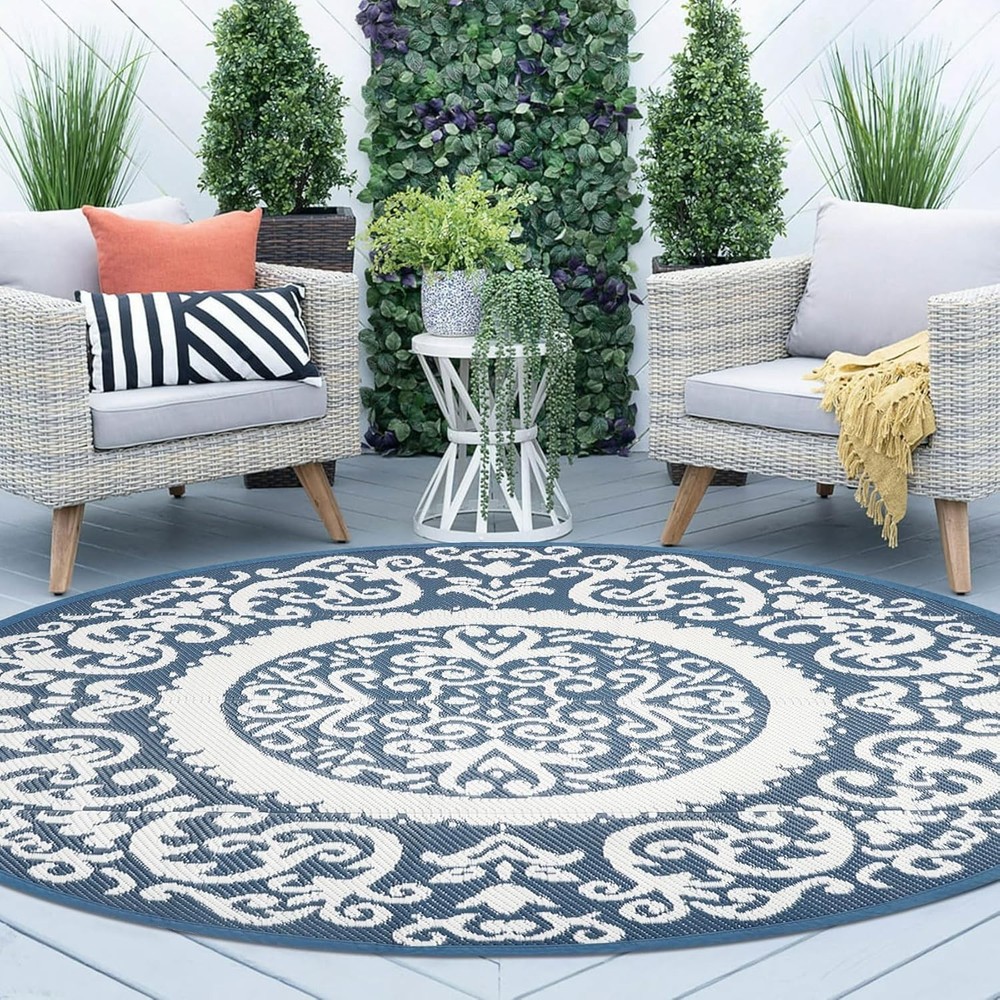 Reversible Outdoor Rugs for Patio 5’ round Plastic Straw Patio Rugs Non Fading L