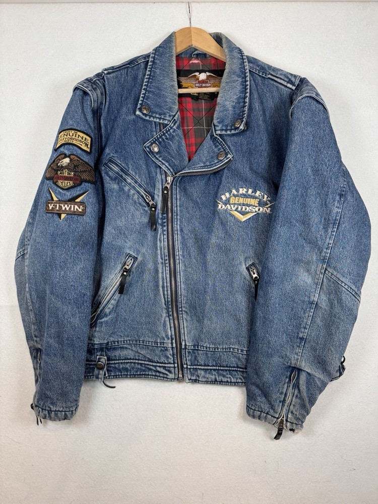 Rare VTG Harley Davidson Denim Jacket Plaid Lined Patches Biker Bomber XL