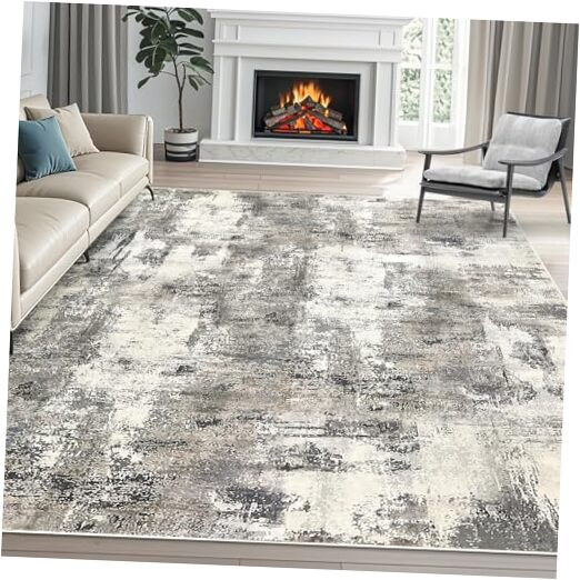 Abstract Non-Slip Washable 5x7 Grey Neutral Soft Area Rug-image