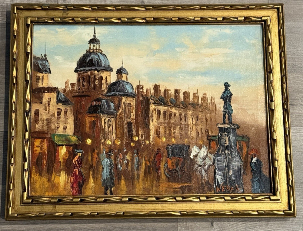 VINTAGE WEBER SIGNED EUROPEAN STREET SCENE OIL PAINTING FRAMED 12x16