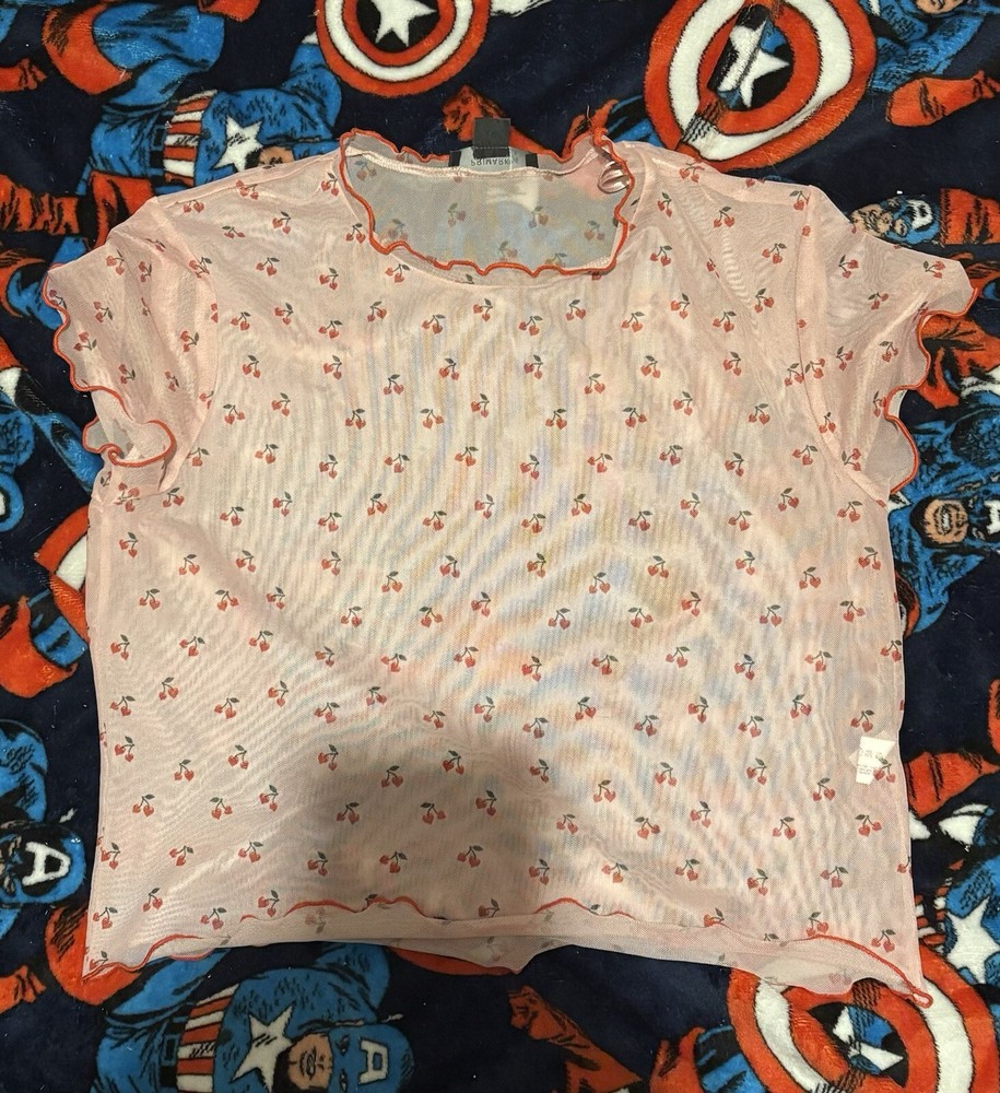 See through pink cherry heart primark crop top size large L