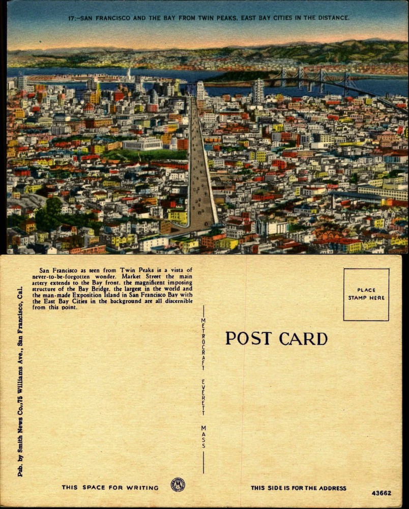 San Francisco and Bay seen from Twin Peaks aerial view bridge CA