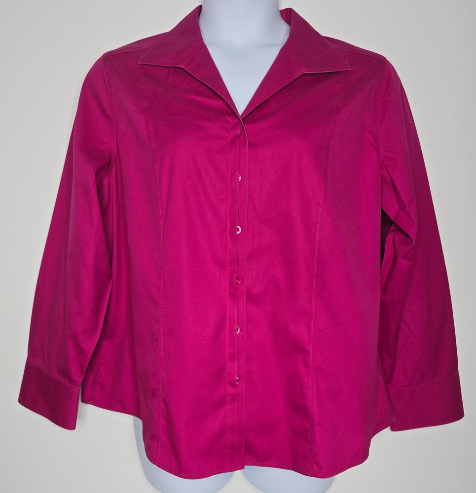 Chico's Women's 3 =XL Button Up 100% Cotton Tunic Top No Iron Hot Pink Blouse