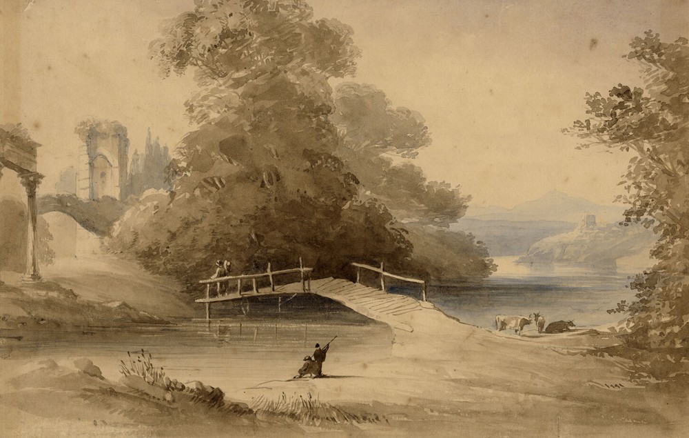 Landscape with Footbridge after Claude Lorrain –early C19th watercolour painting