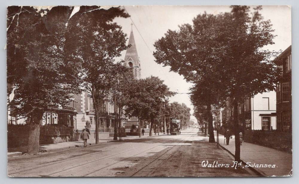 Walters Road Swansea Wales RPPC Postcard 1913 Church Tram Street Scene