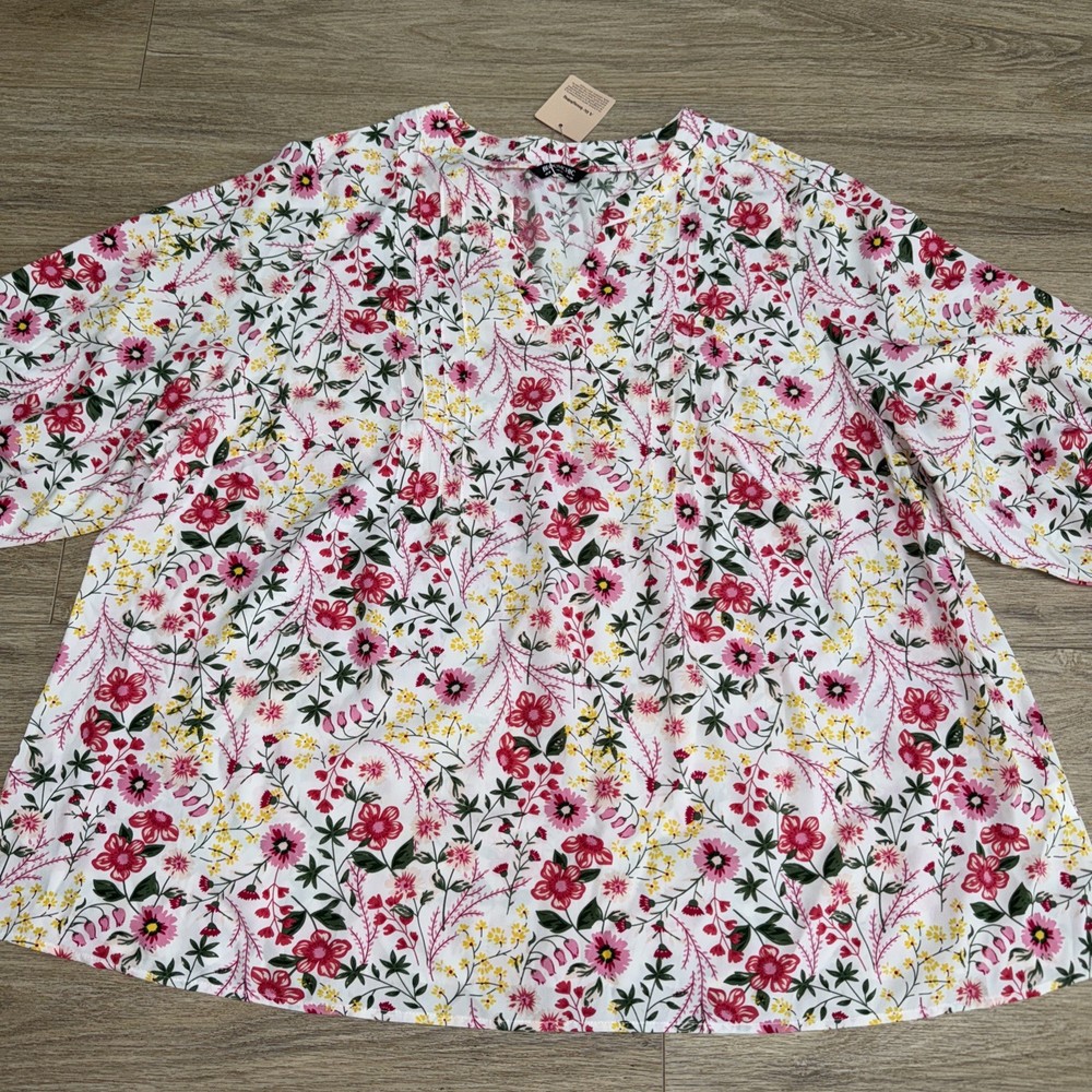 Elegant White Floral Blouse with Pink Blooms Size 268 for Women
