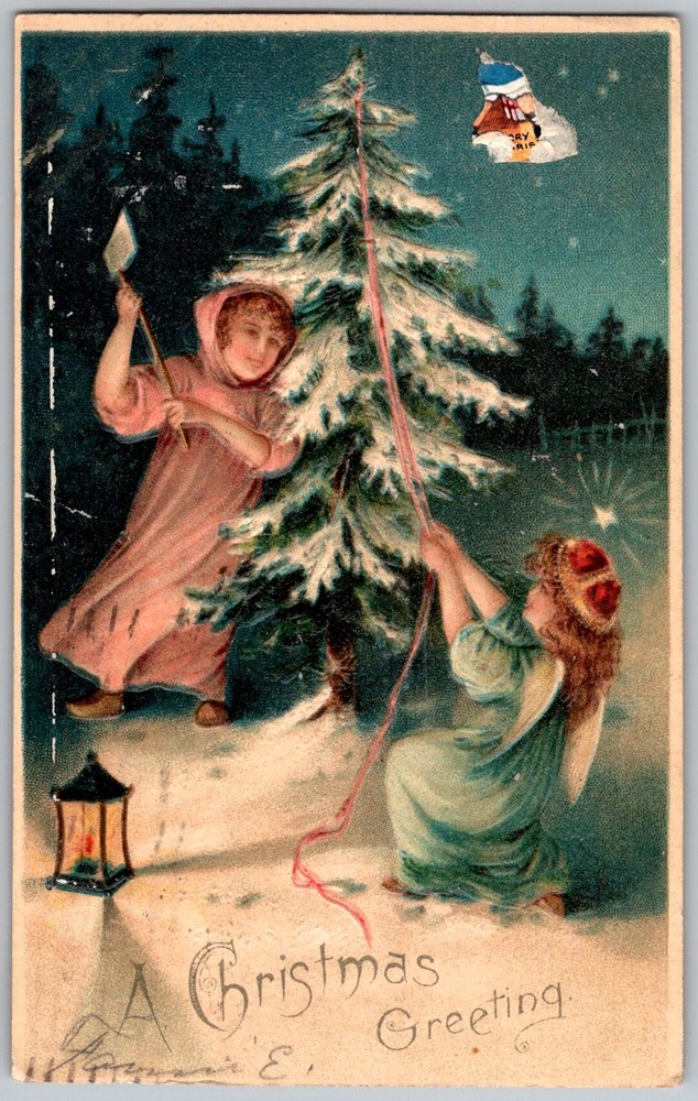 Antique Postcard Children Decorating Christmas Tree DE 1900s
