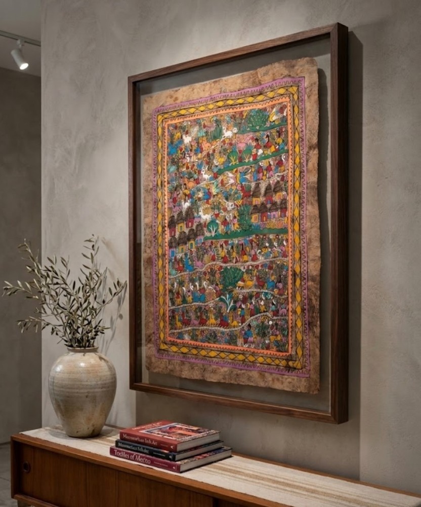 Set of 2 Vintage Mexican Amate Bark Paintings Folk Art Village Scene & Animal