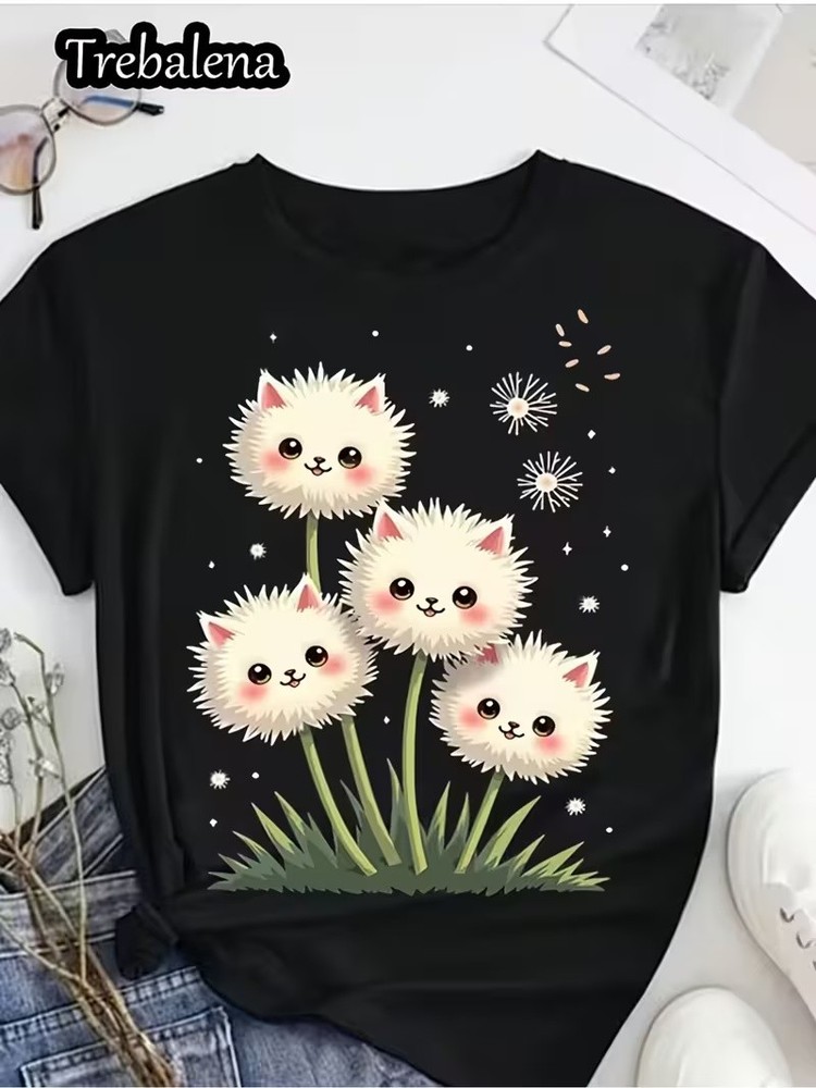 Cute Cat Dandelion Print T-Shirt