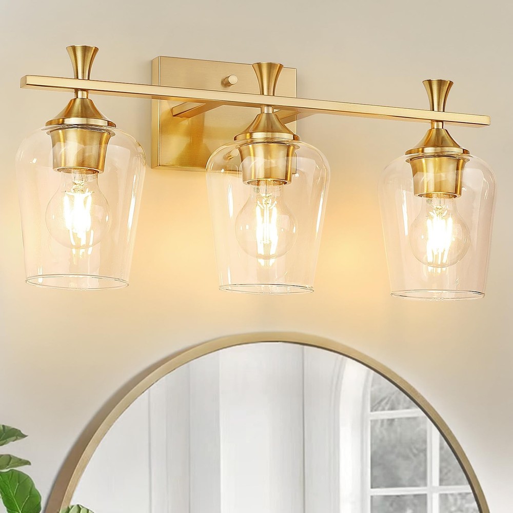 3 Light Bathroom Vanity Light - Gold Bathroom Lighting Fixtures Over Mirror, ...