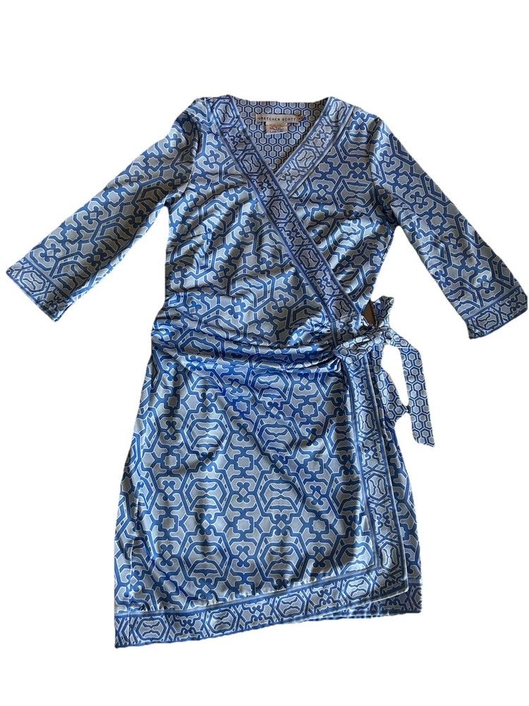 Gretchen Scott Wrap Me Up Dress 3/4 Sleeve StretchBlue Geo Print Small