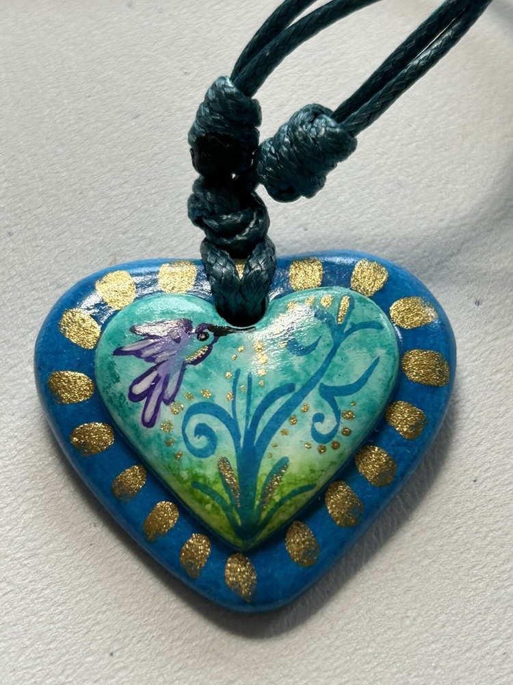 Hand Painted “Hummingbird” Pendant Necklace Edith Orozco Signed Adjustable Cord