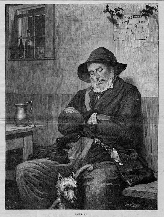OLD MAN NAPPING WITH HIS DOG STANDING BY, POST-HASTE