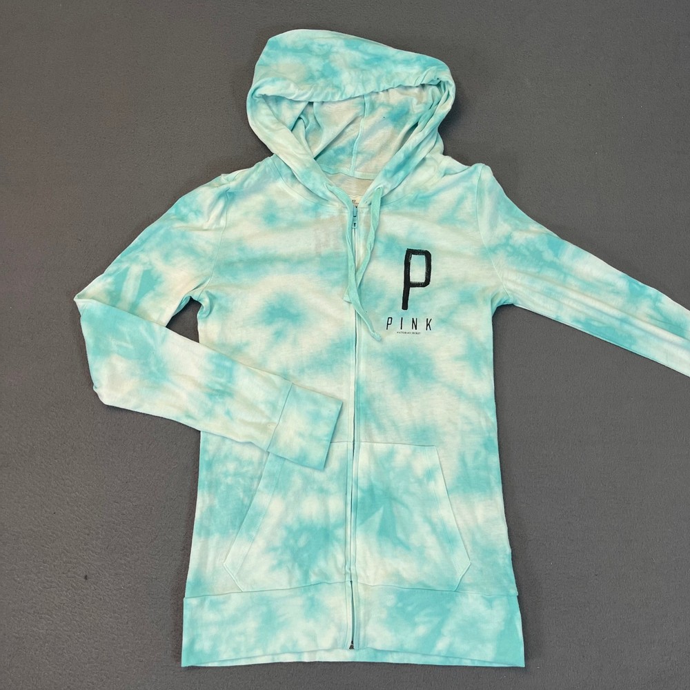 Pink Victorias Secret Hoodie Blue Tie Dye Spell Out Sweatshirt XS Full Zip Sky