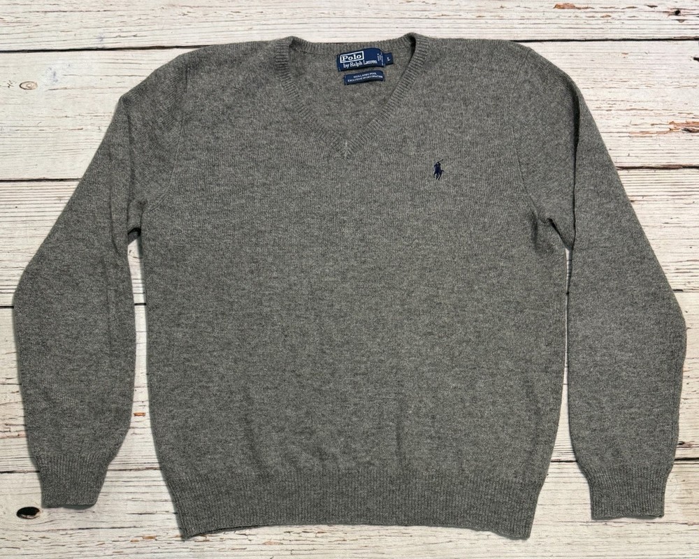 Vtg Polo Ralph Lauren 100% Lambs Wool Sweater Gray V Neck Men’s Sz L. Read