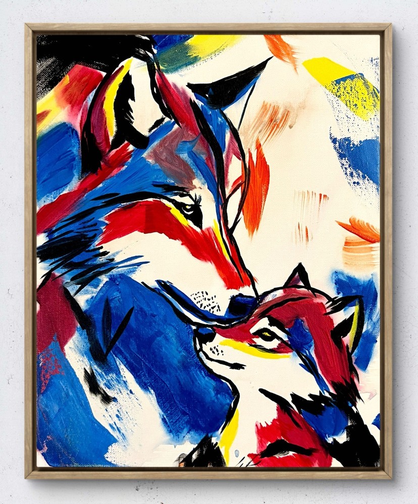 Laeknapes Original Abstract Painting 14X11 Canvas Home Art Neon Wolf Bonding