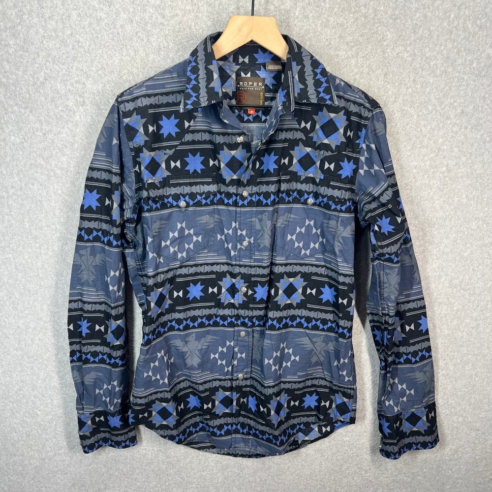 Roper Western Shirt Mens S Blue Aztec Geometric Pearl Snap Long Sleeve EUC